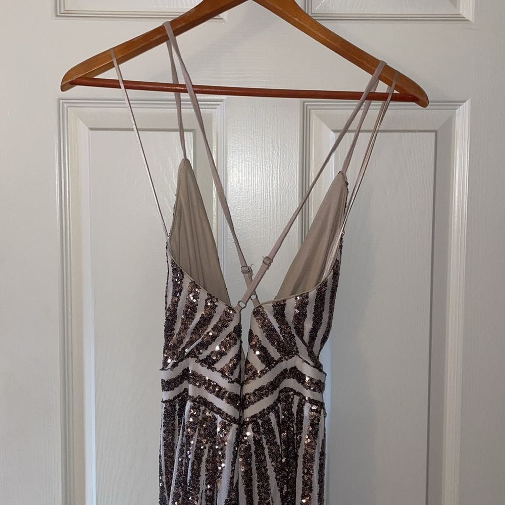 Sequin Stripe V-Neck Prom Dress in Rose Gold and White - Picture 4 of 4